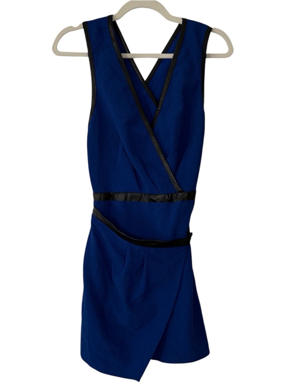 Maeve Royal Blue Faux-Leather Trim V-Neck Mini Dress - Picture 3 of 7